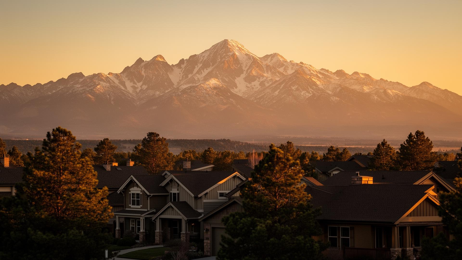 Pikes Peak rising above a Colorado Springs neighborhood at golden hour